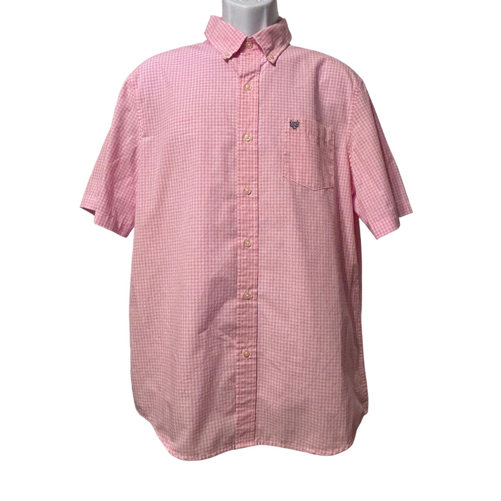 Chaps R Lauren Button Down Shirt Mens L Pink 46" Short Sleeve Gingham EZ care